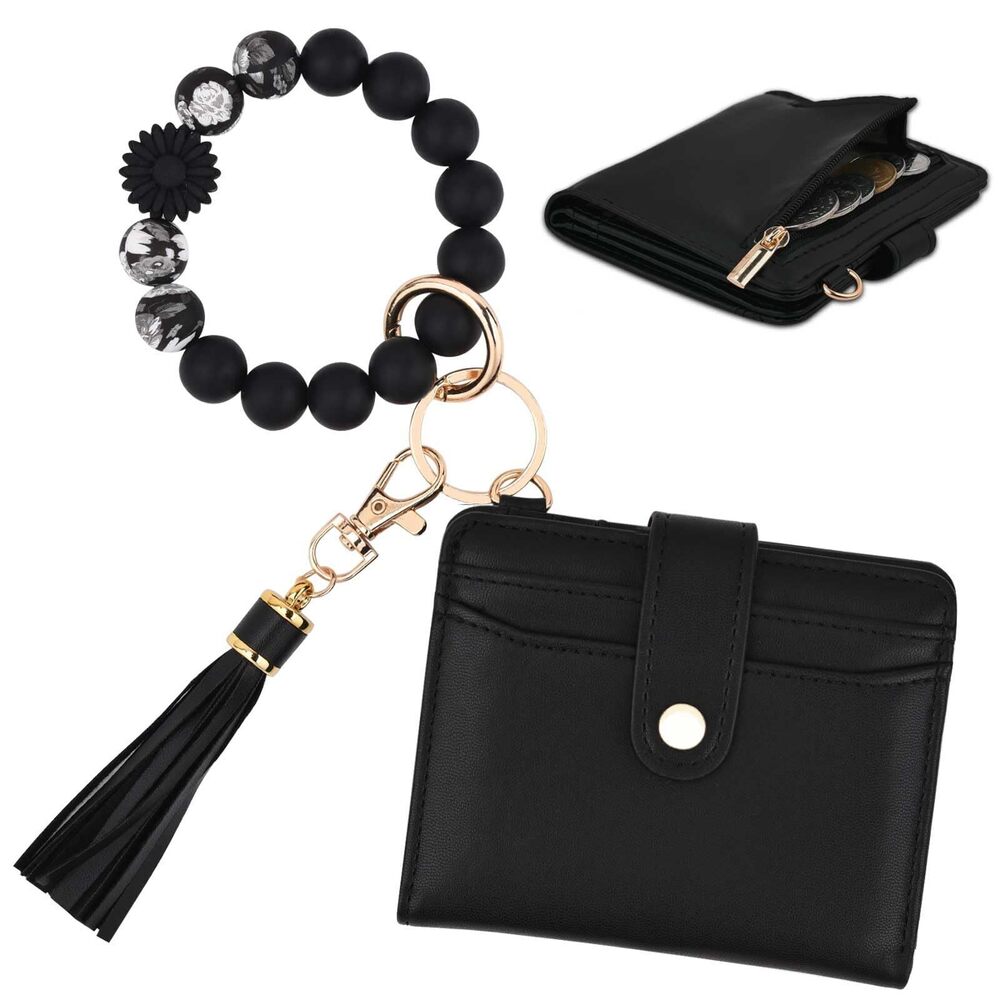 1361 Wristlet Wallets , Small Keychain Wallets Black RFID Blocking Bifold
